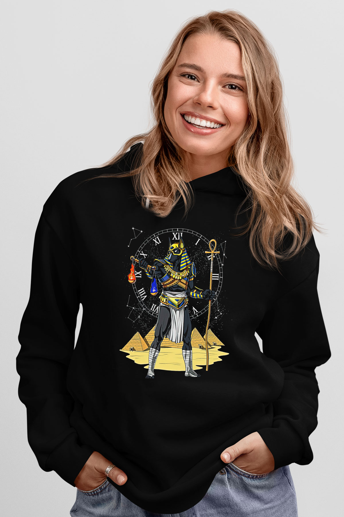 Anubis Baskılı Unisex Siyah Hoodie