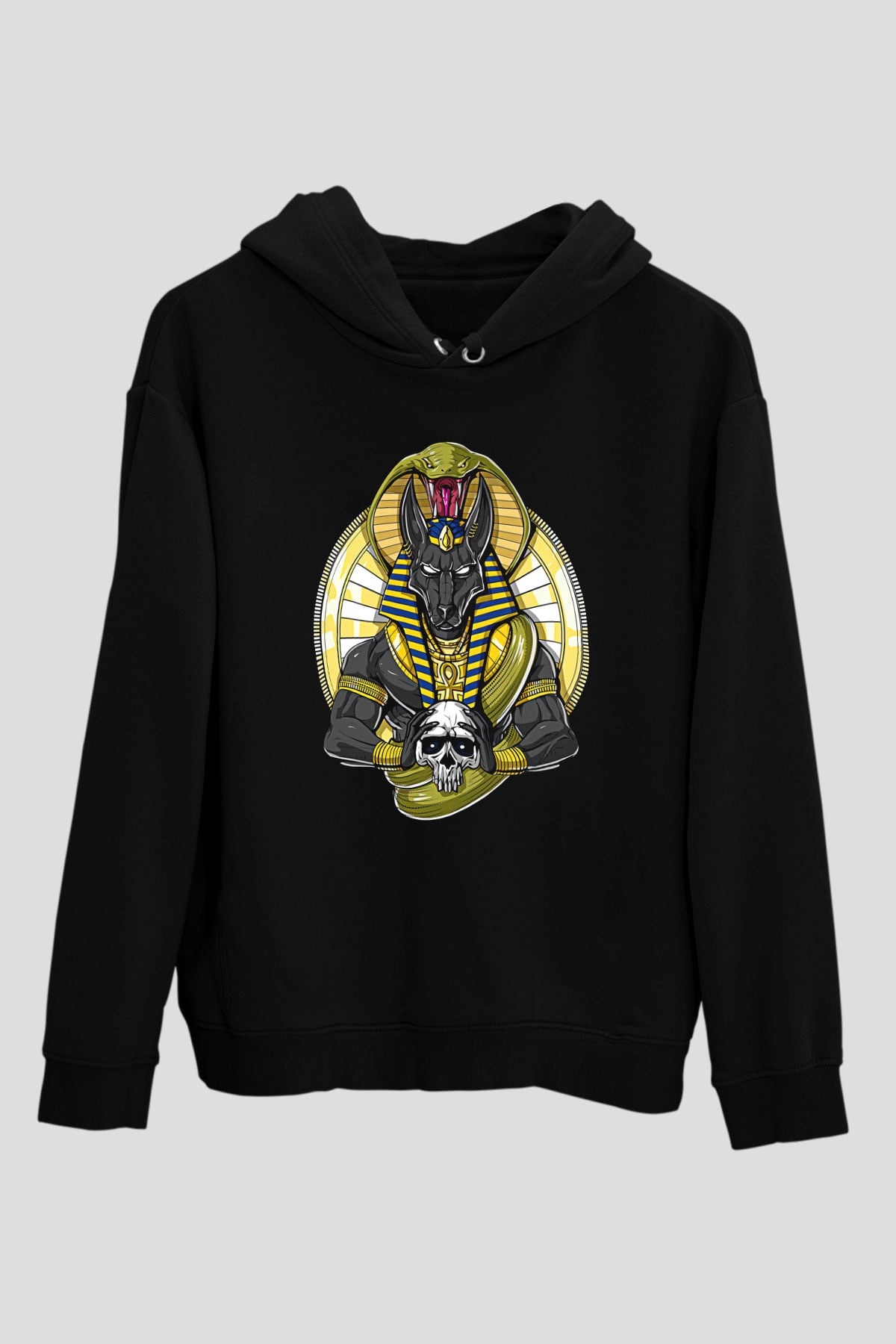 Anubis Baskılı Unisex Siyah Hoodie