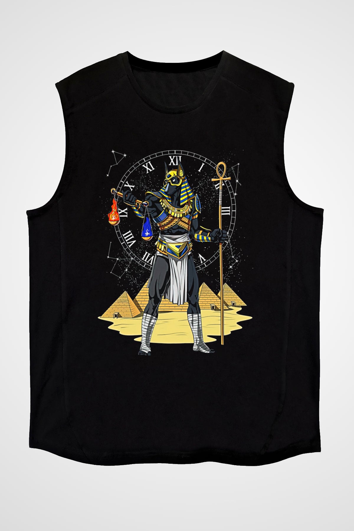 Anubis Baskılı Unisex Siyah Kolsuz Tişört - Tshirt