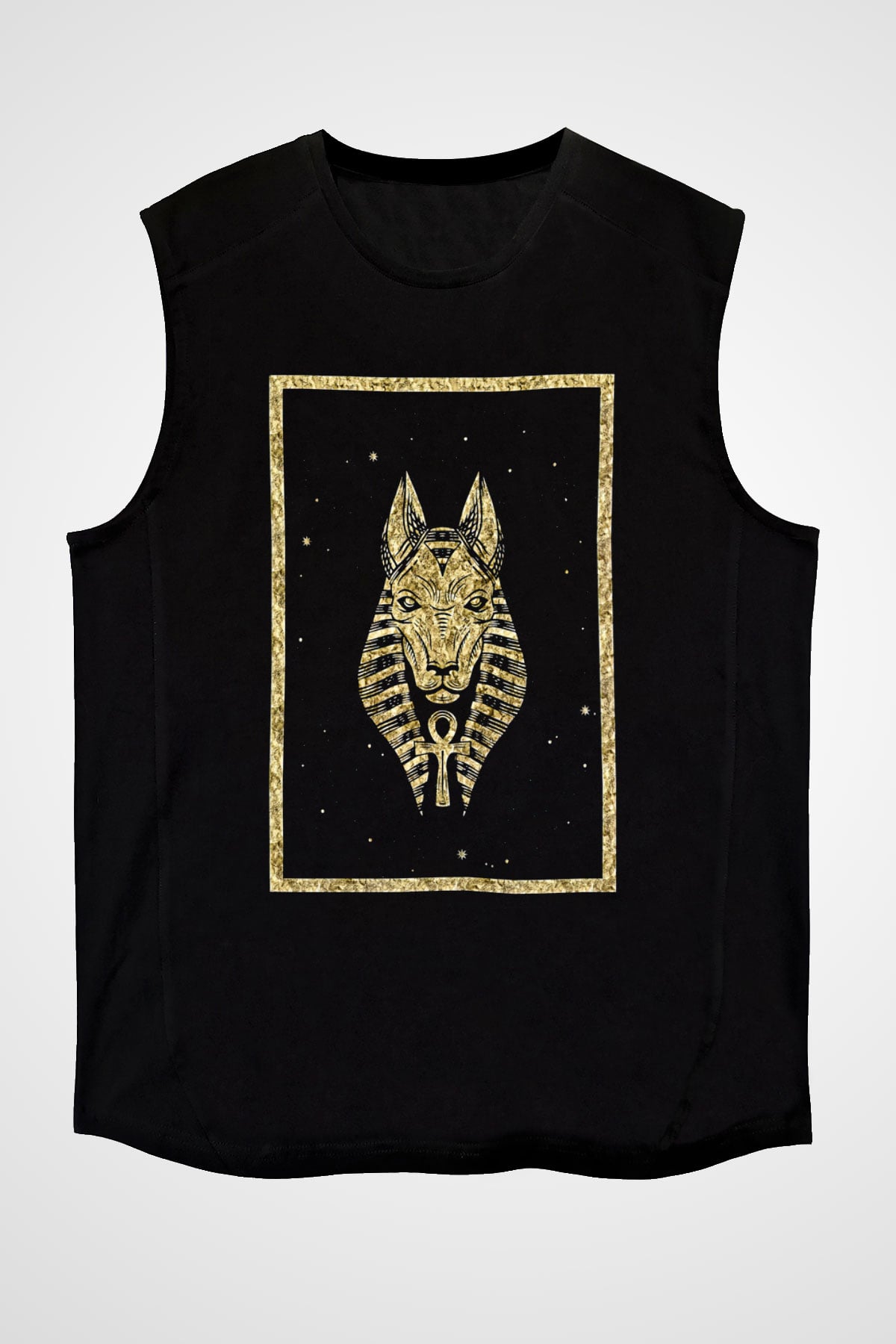 Anubis Baskılı Unisex Siyah Kolsuz Tişört - Tshirt
