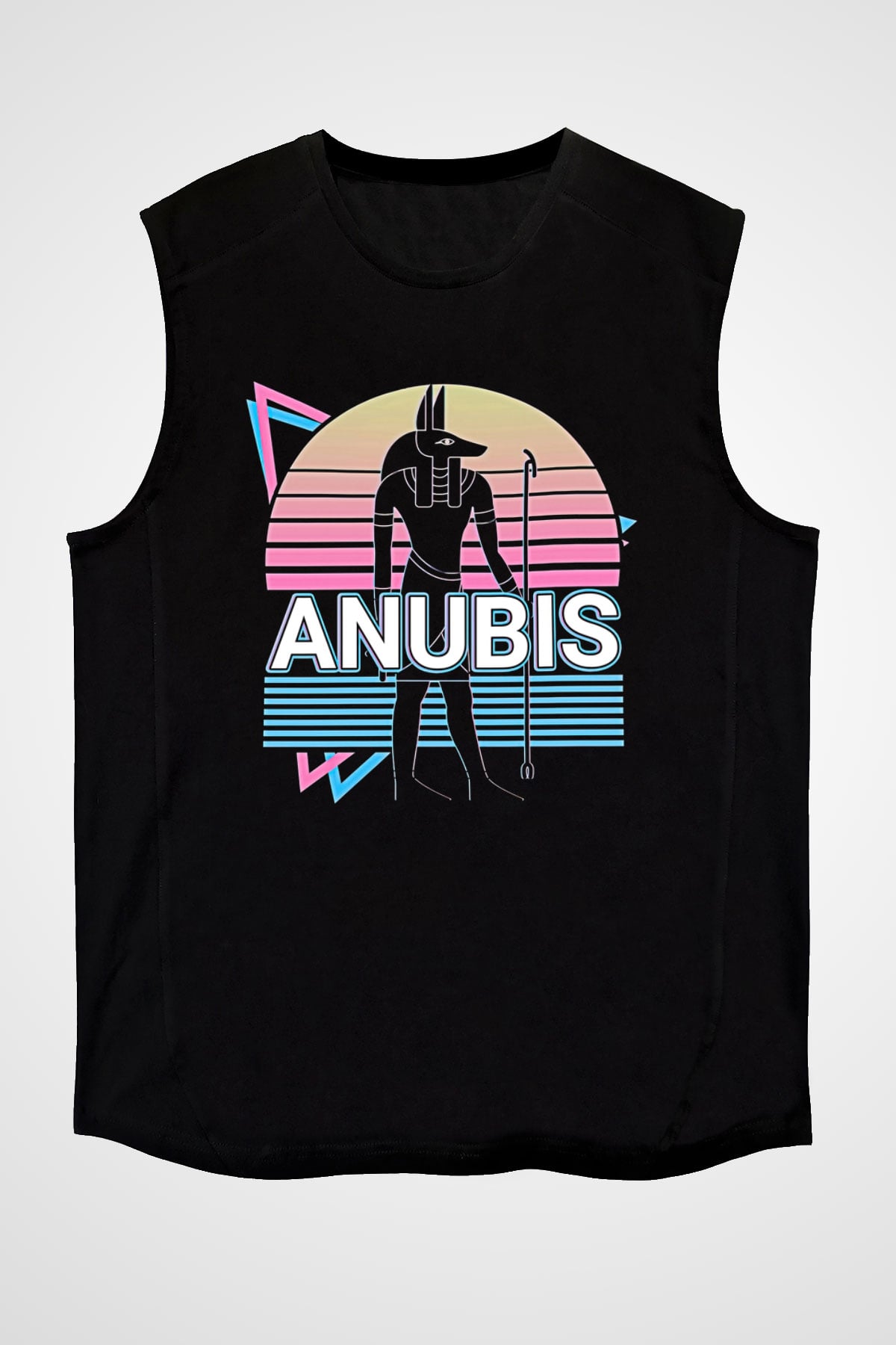 Anubis Baskılı Unisex Siyah Kolsuz Tişört - Tshirt