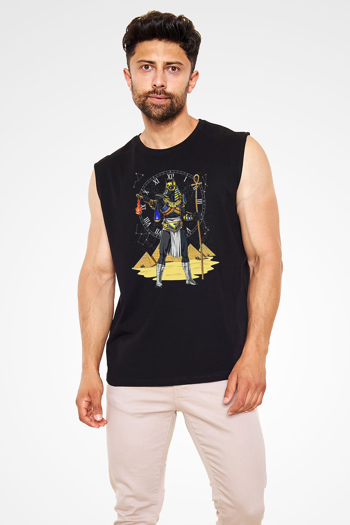 Anubis Baskılı Unisex Siyah Kolsuz Tişört - Tshirt