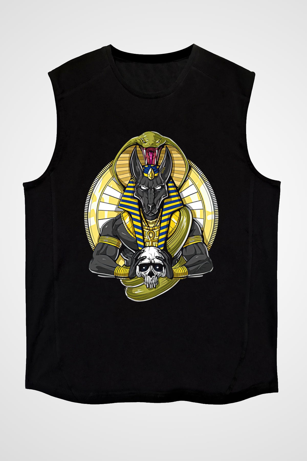 Anubis Baskılı Unisex Siyah Kolsuz Tişört - Tshirt