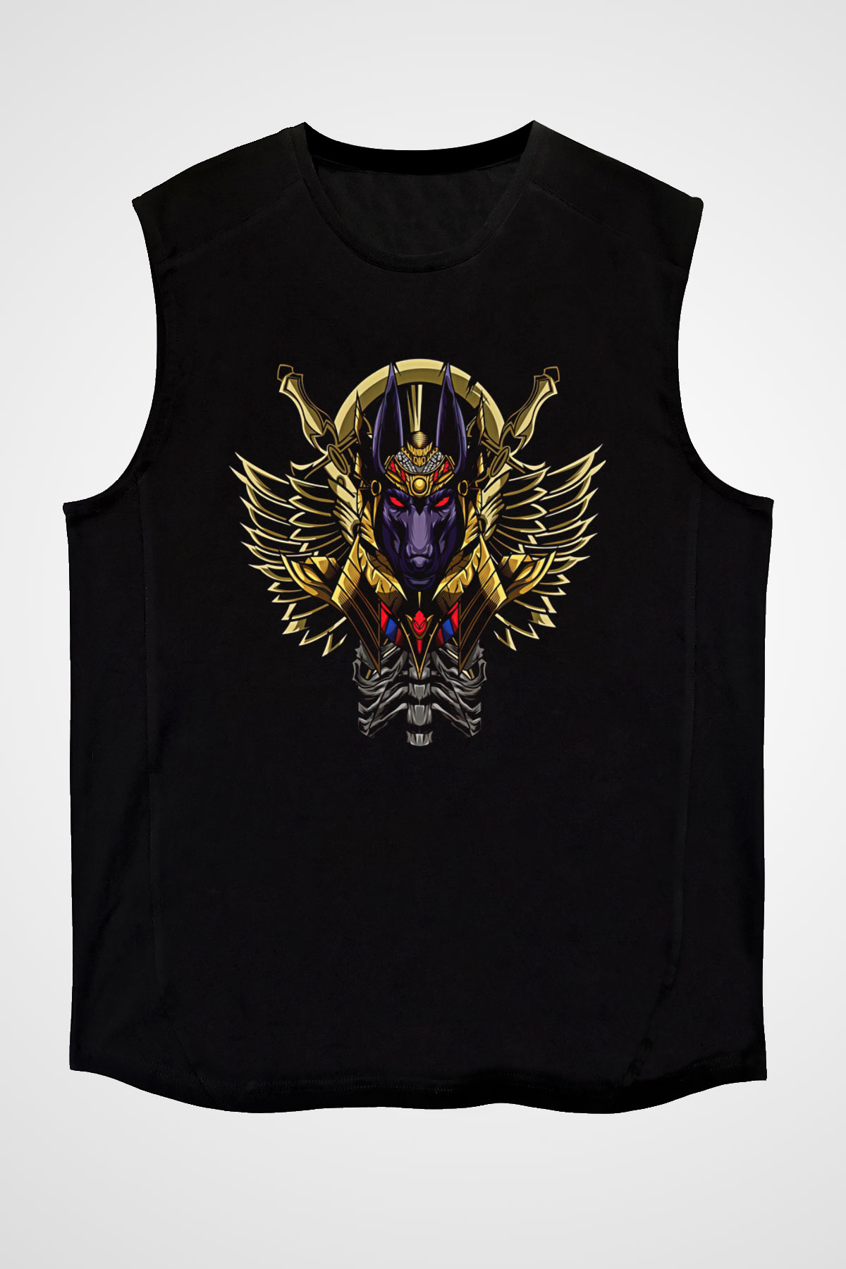 Anubis Baskılı Unisex Siyah Kolsuz Tişört - Tshirt