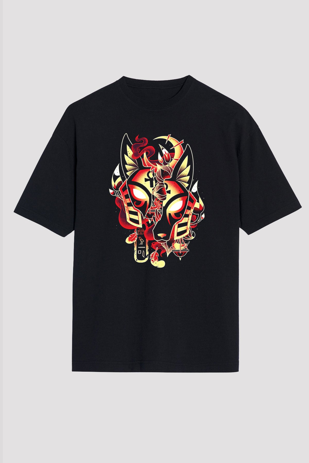 Anubis Baskılı Unisex Siyah Oversize Tişört - Tshirt