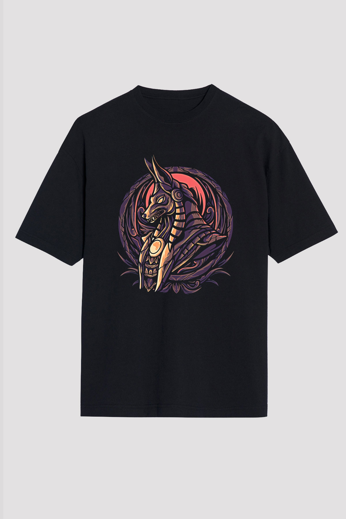 Anubis Baskılı Unisex Siyah Oversize Tişört - Tshirt