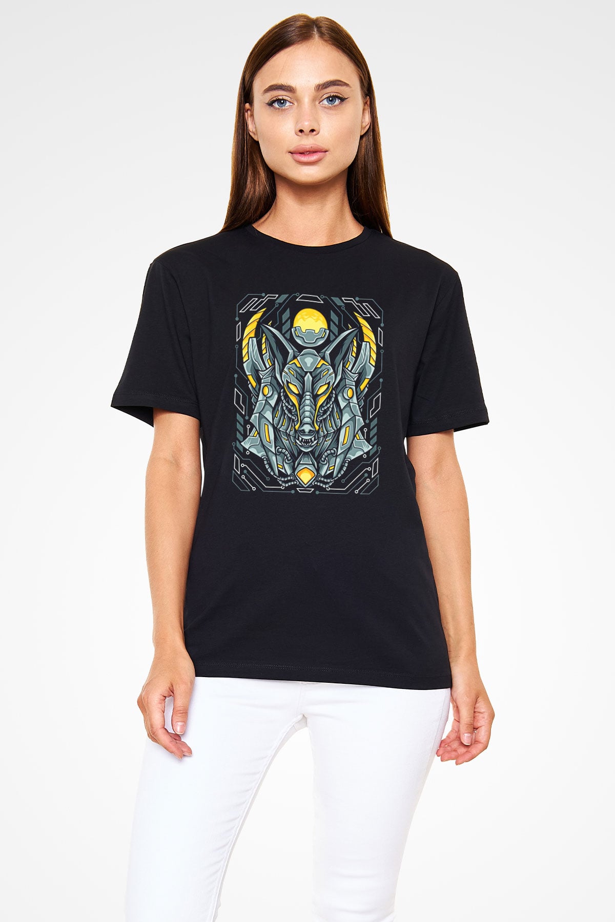 Anubis Baskılı Unisex Siyah Tişört - Tshirt