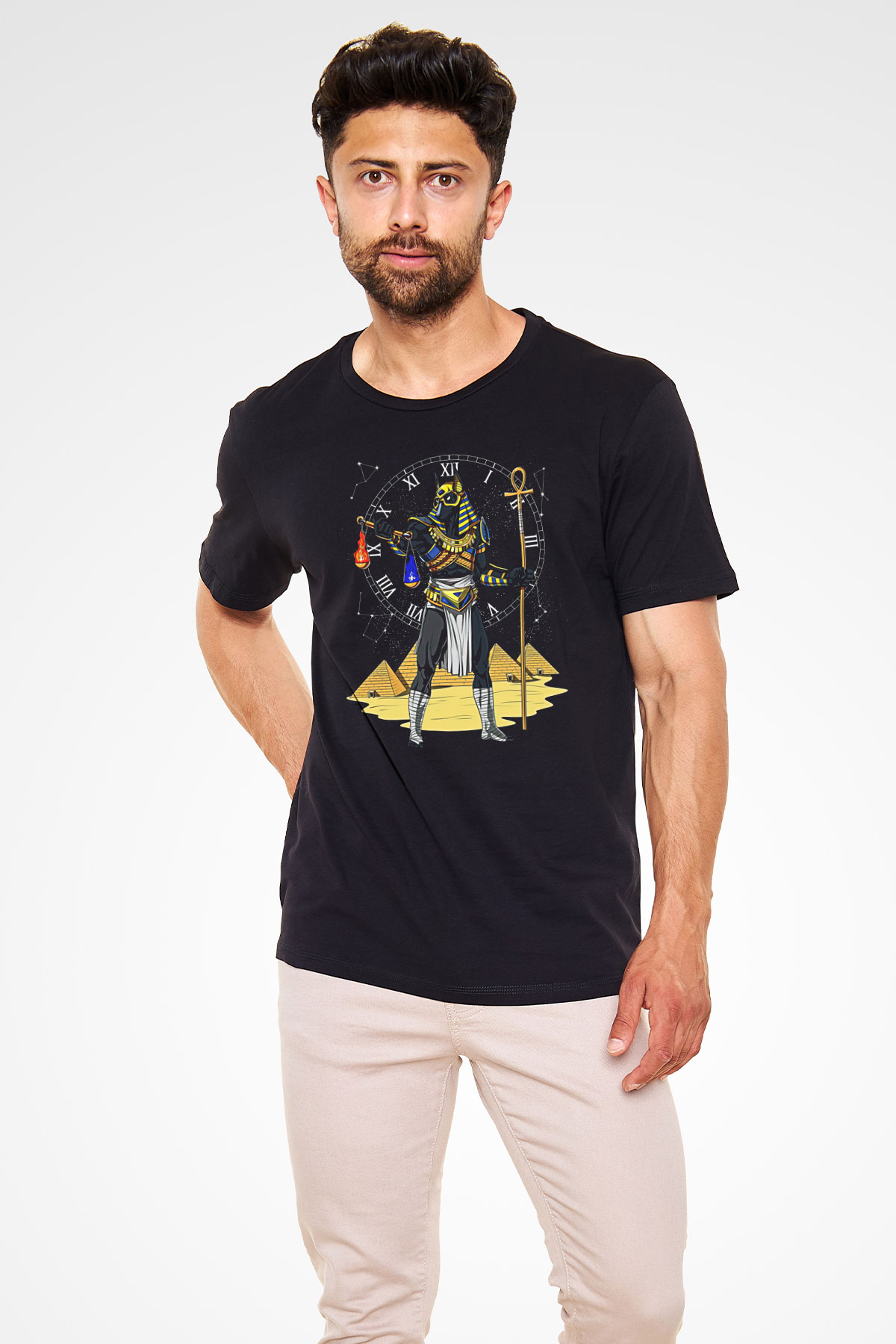 Anubis Baskılı Unisex Siyah Tişört - Tshirt