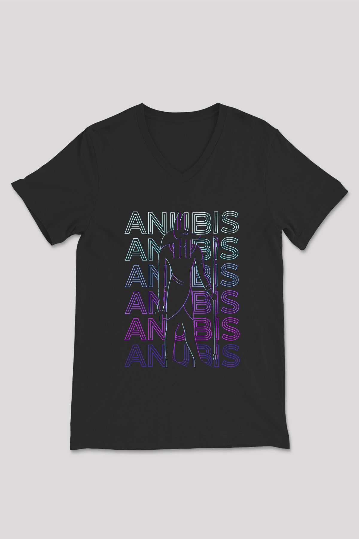 Anubis Baskılı Unisex Siyah V Yaka Tişört - Tshirt
