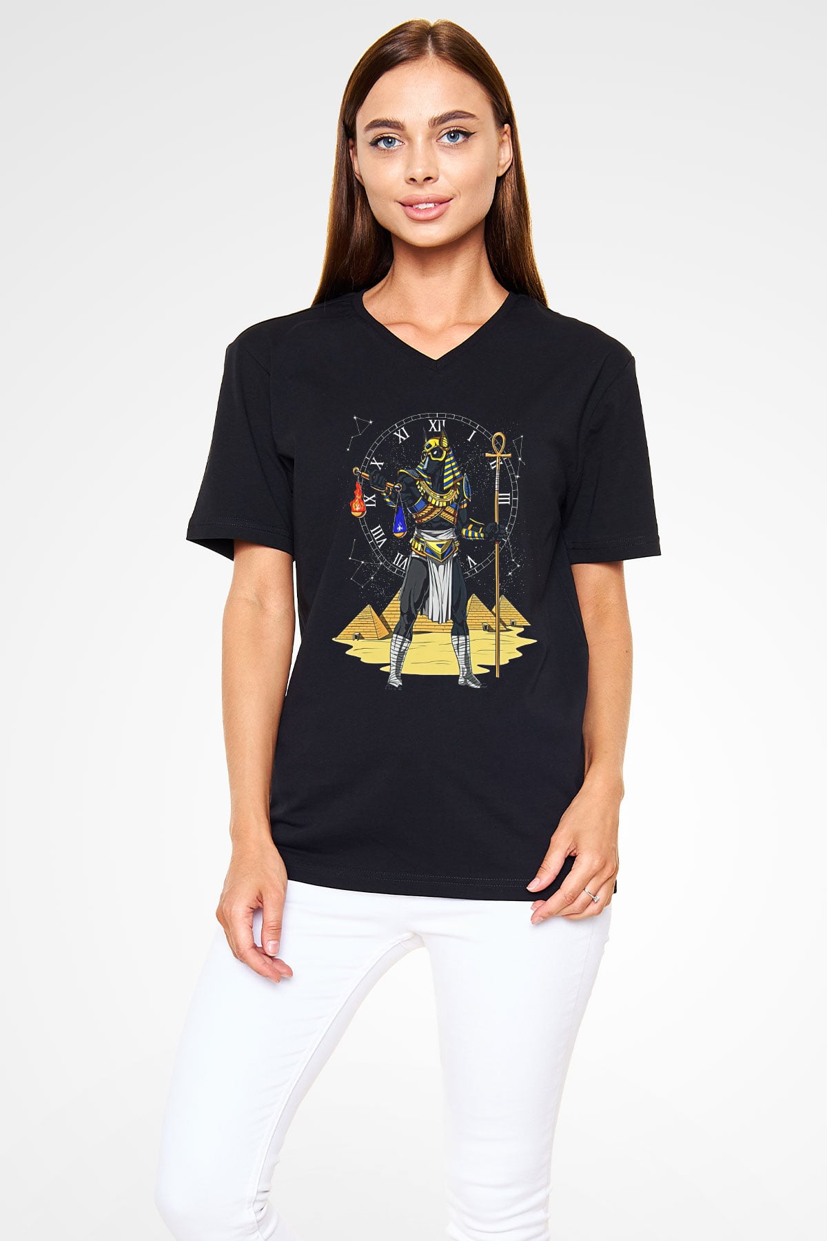 Anubis Baskılı Unisex Siyah V Yaka Tişört - Tshirt
