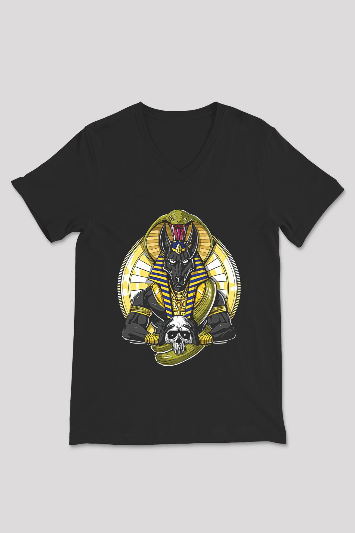 Anubis Baskılı Unisex Siyah V Yaka Tişört - Tshirt