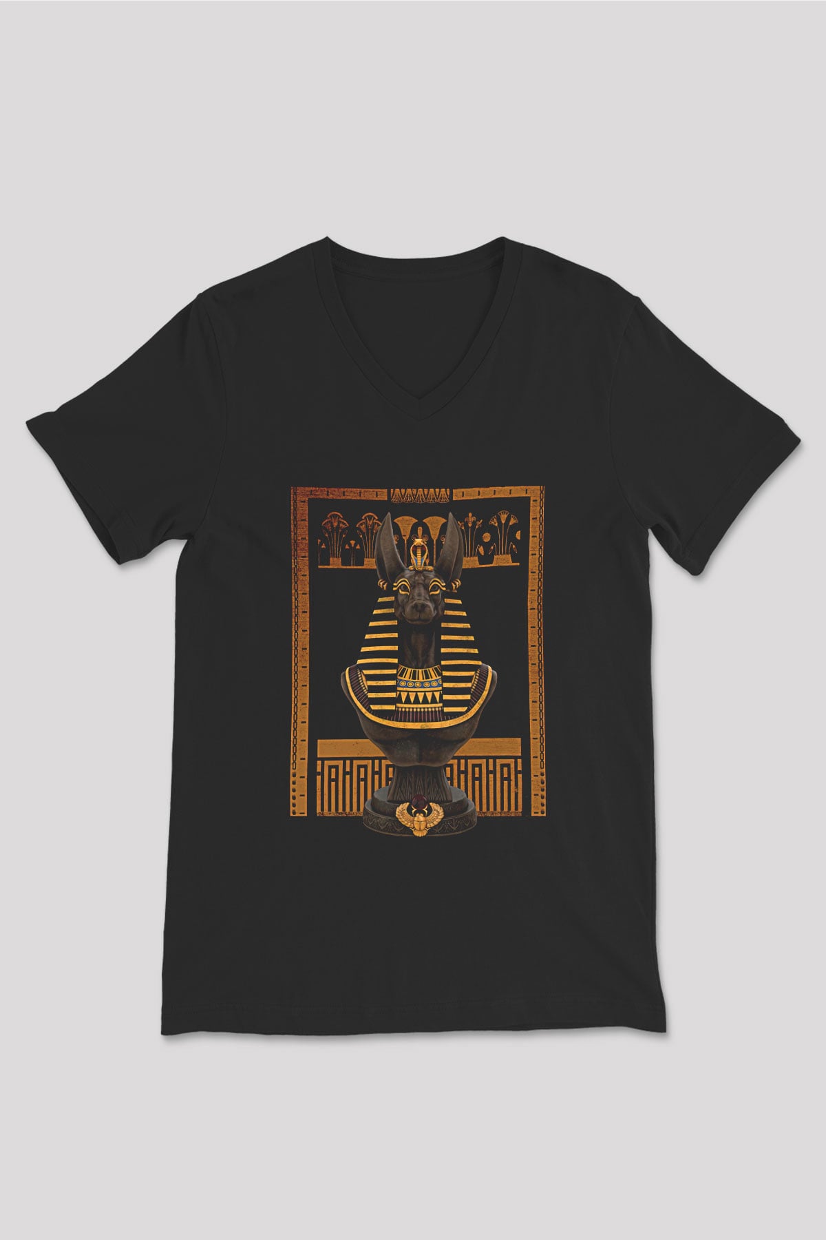Anubis Baskılı Unisex Siyah V Yaka Tişört - Tshirt