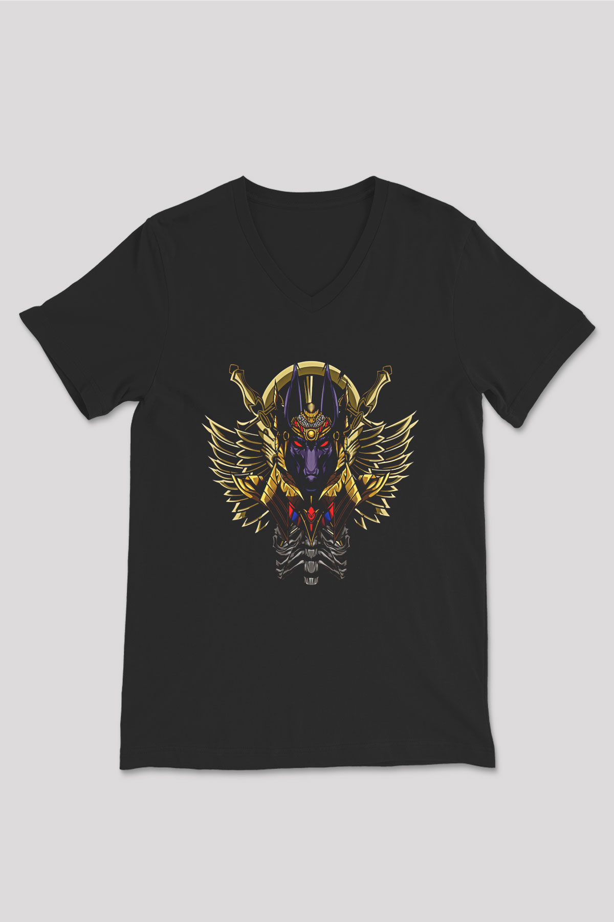 Anubis Baskılı Unisex Siyah V Yaka Tişört - Tshirt