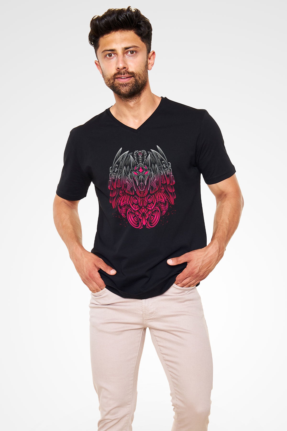 Anubis Baskılı Unisex Siyah V Yaka Tişört - Tshirt