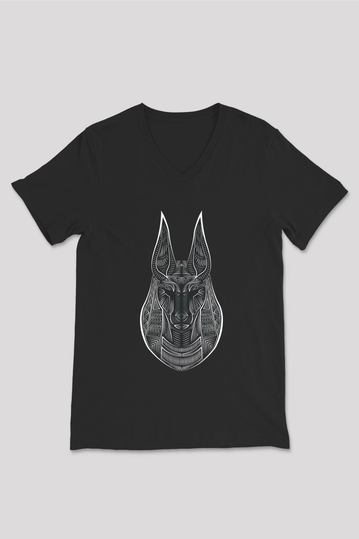 Anubis Baskılı Unisex Siyah V Yaka Tişört - Tshirt