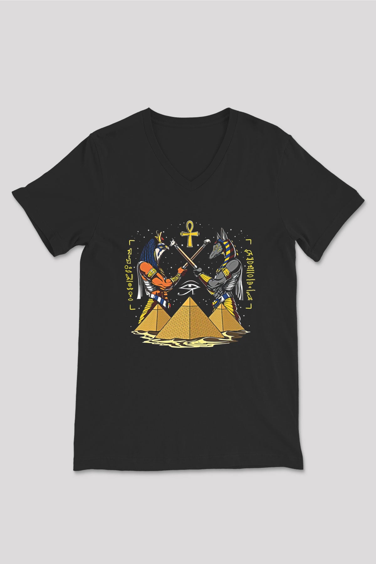 Anubis Baskılı Unisex Siyah V Yaka Tişört - Tshirt