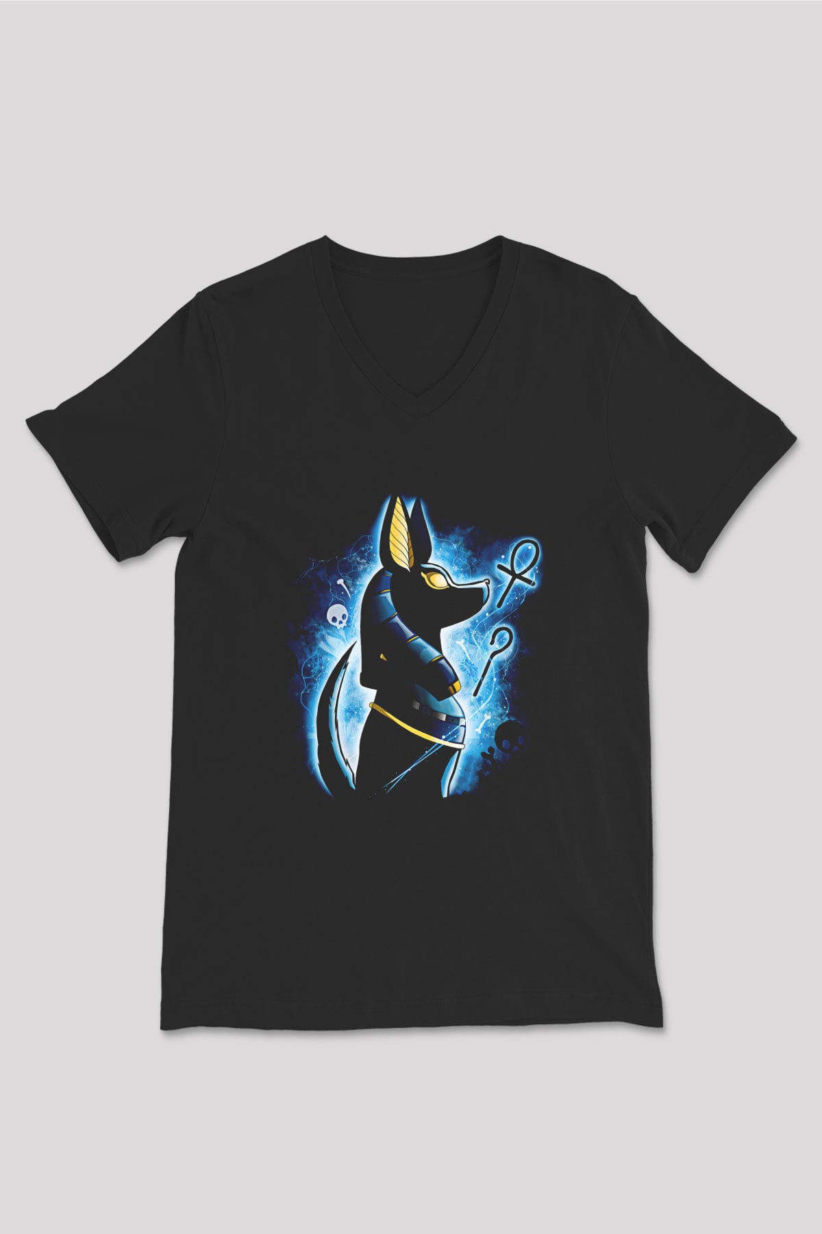 Anubis Baskılı Unisex Siyah V Yaka Tişört - Tshirt