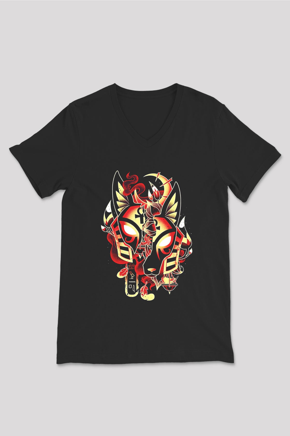 Anubis Baskılı Unisex Siyah V Yaka Tişört - Tshirt