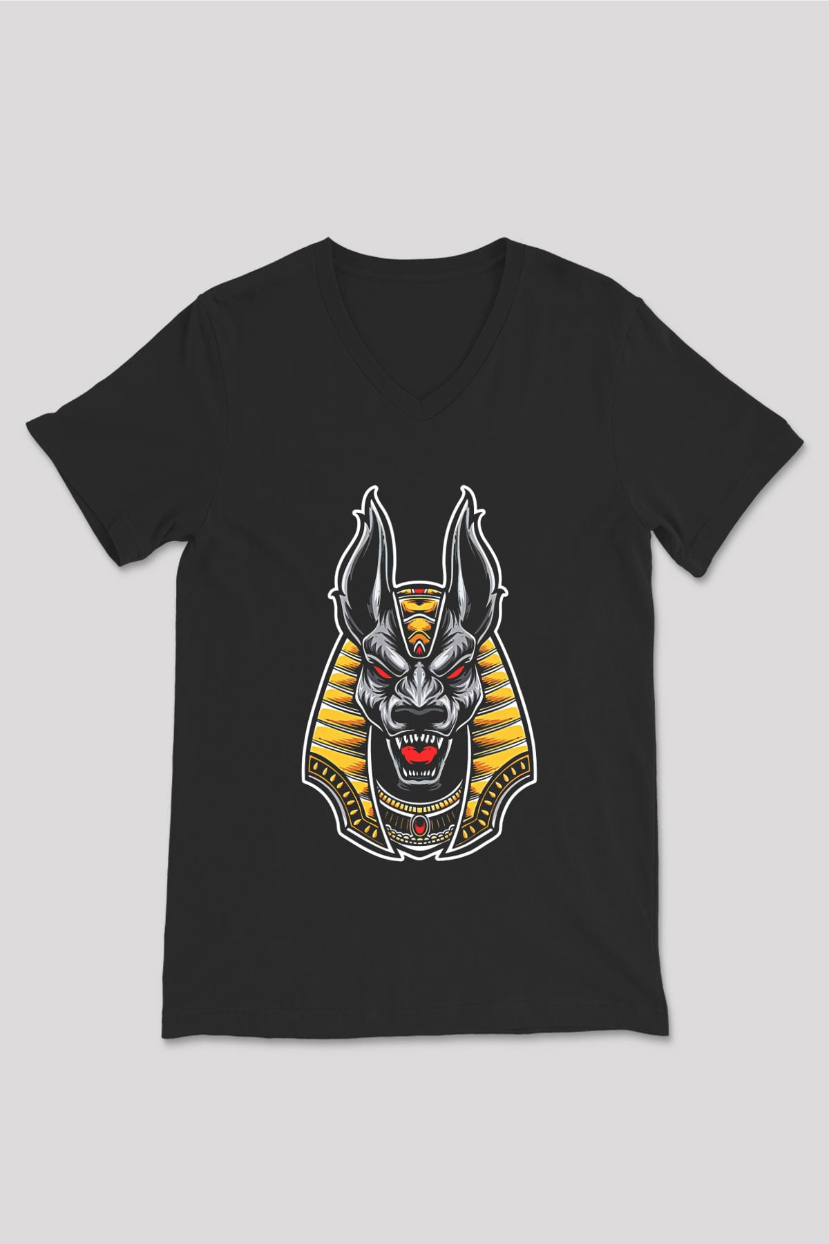 Anubis Baskılı Unisex Siyah V Yaka Tişört - Tshirt