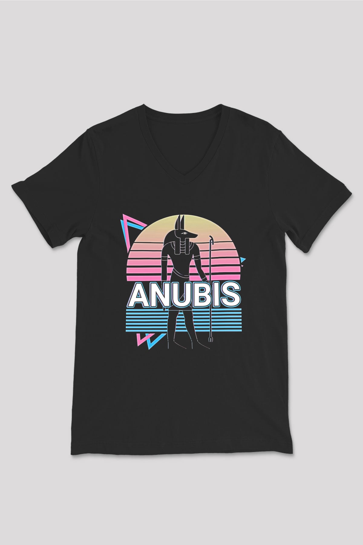 Anubis Baskılı Unisex Siyah V Yaka Tişört - Tshirt