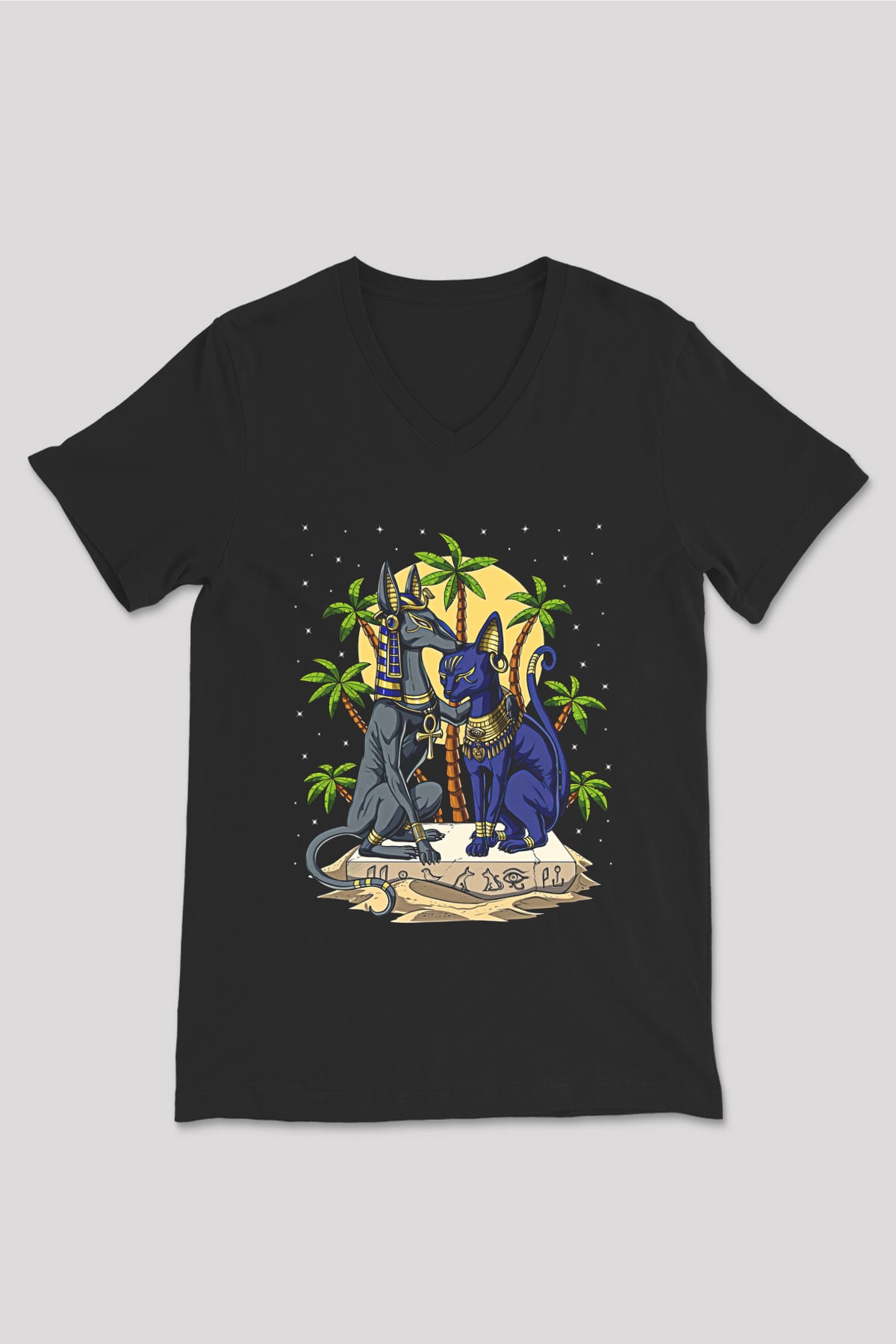 Anubis Baskılı Unisex Siyah V Yaka Tişört - Tshirt