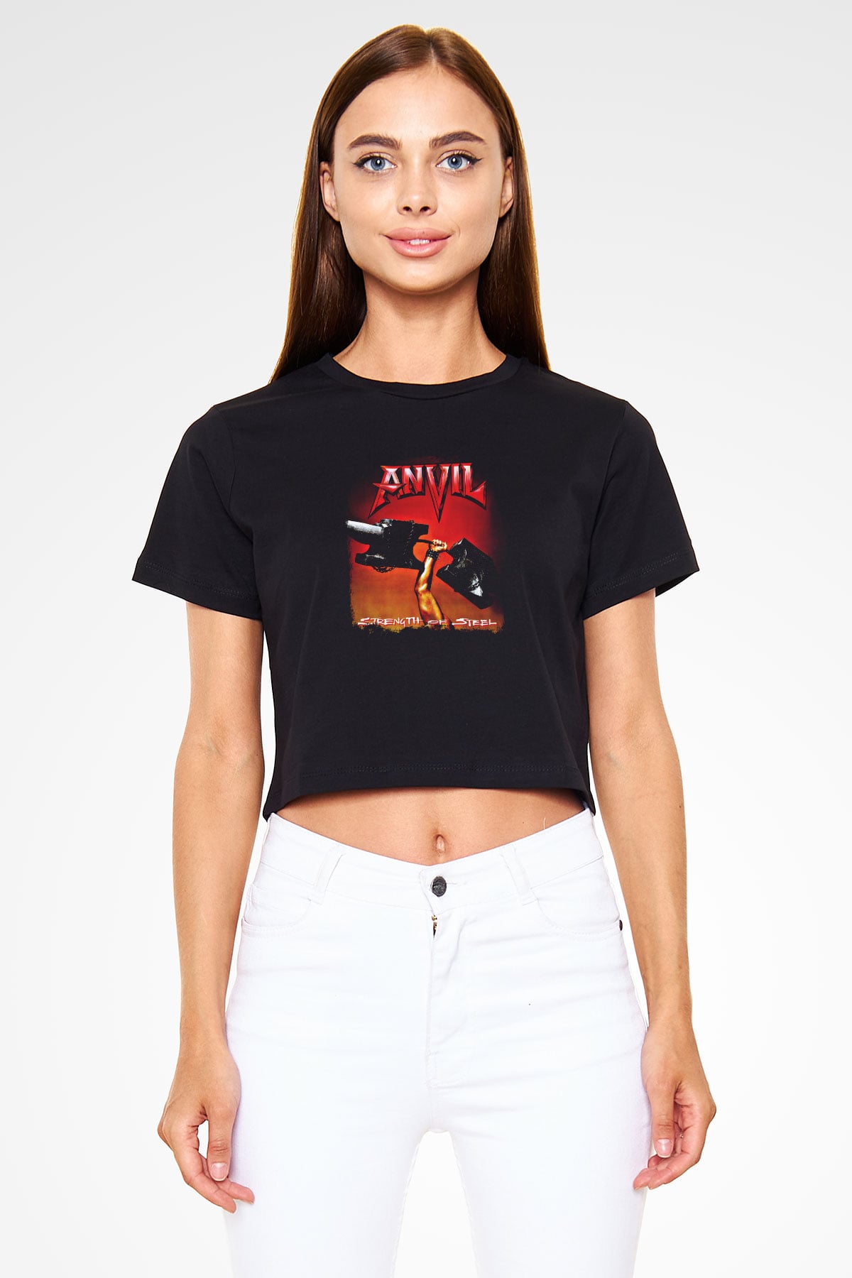 Anvil Baskılı Unisex Siyah Crop Top Tişört