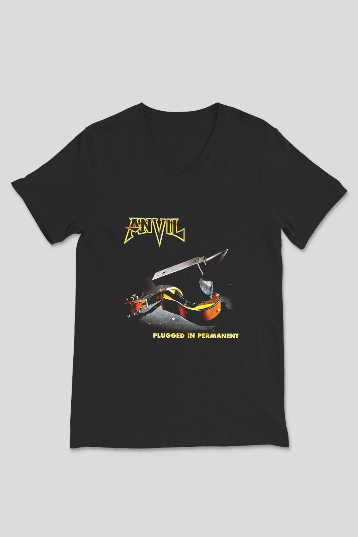 Anvil Baskılı Unisex Siyah V Yaka Tişört