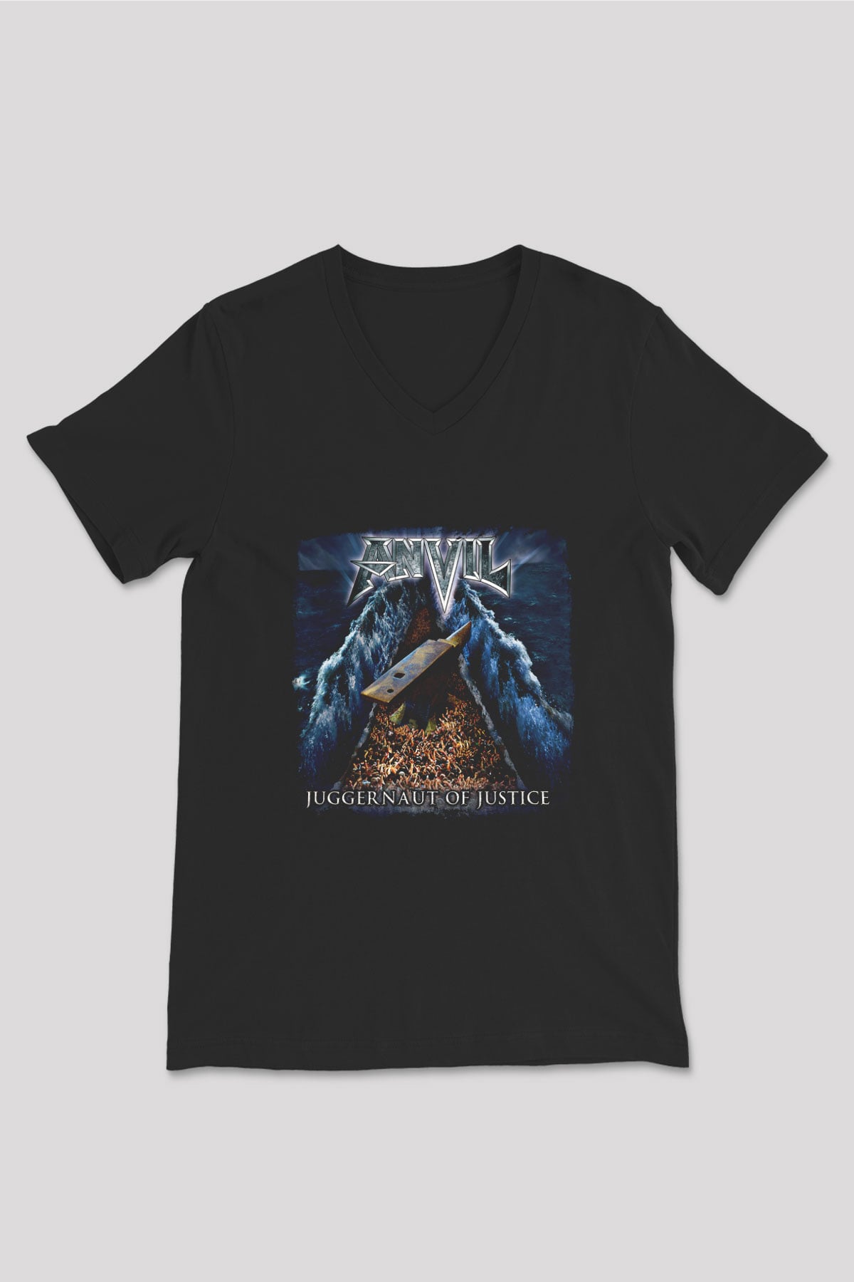 Anvil Baskılı Unisex Siyah V Yaka Tişört
