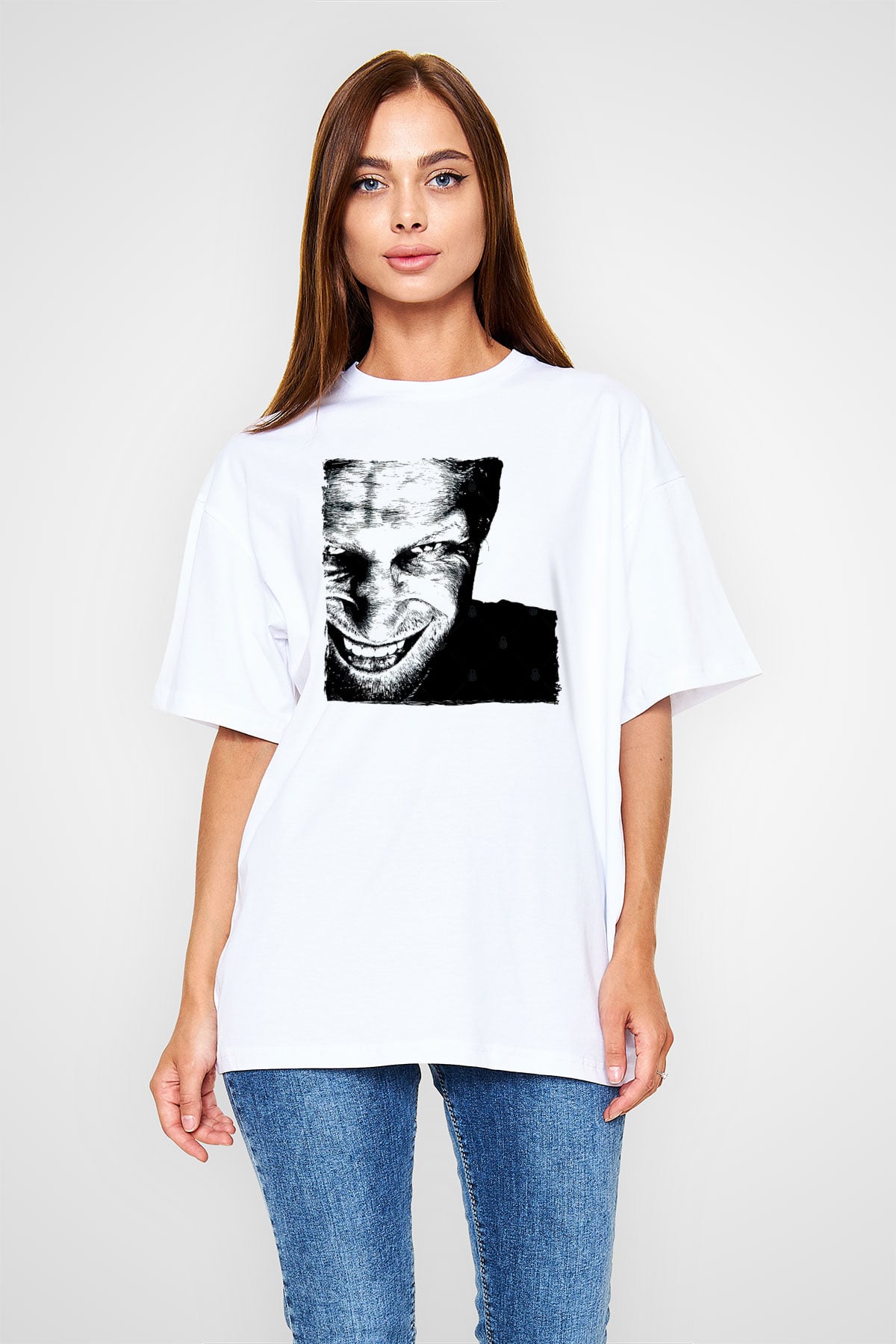 Aphex Twin Baskılı Beyaz Unisex Oversize Tişört - Tshirt