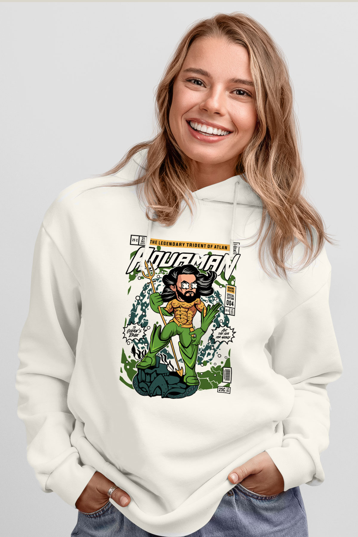 Aquaman Baskılı Unisex Beyaz Hoodie