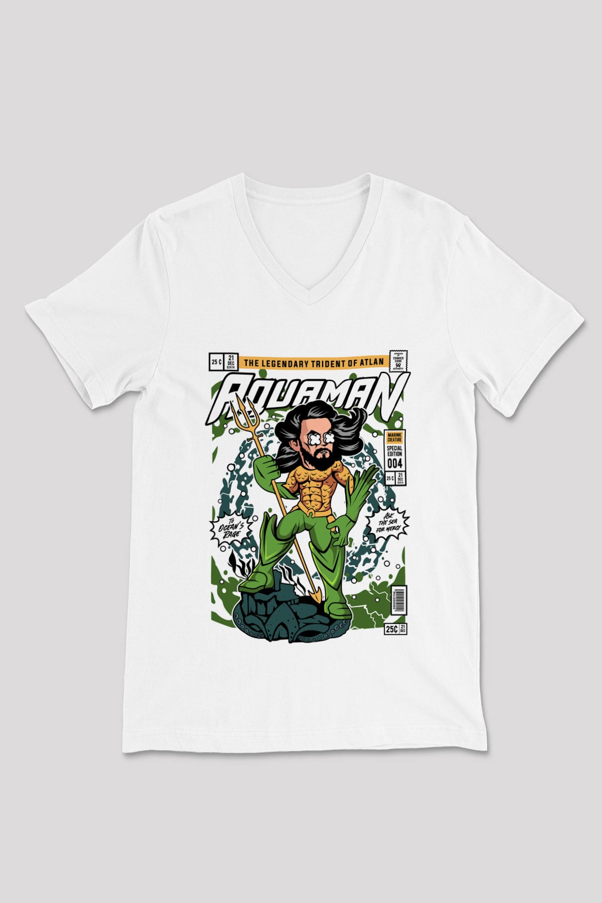 Aquaman Baskılı Unisex Beyaz V Yaka Tişört
