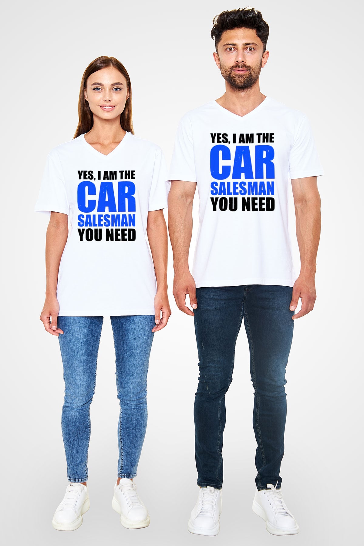 Araba satıcısı Beyaz Unisex V Yaka Tişört