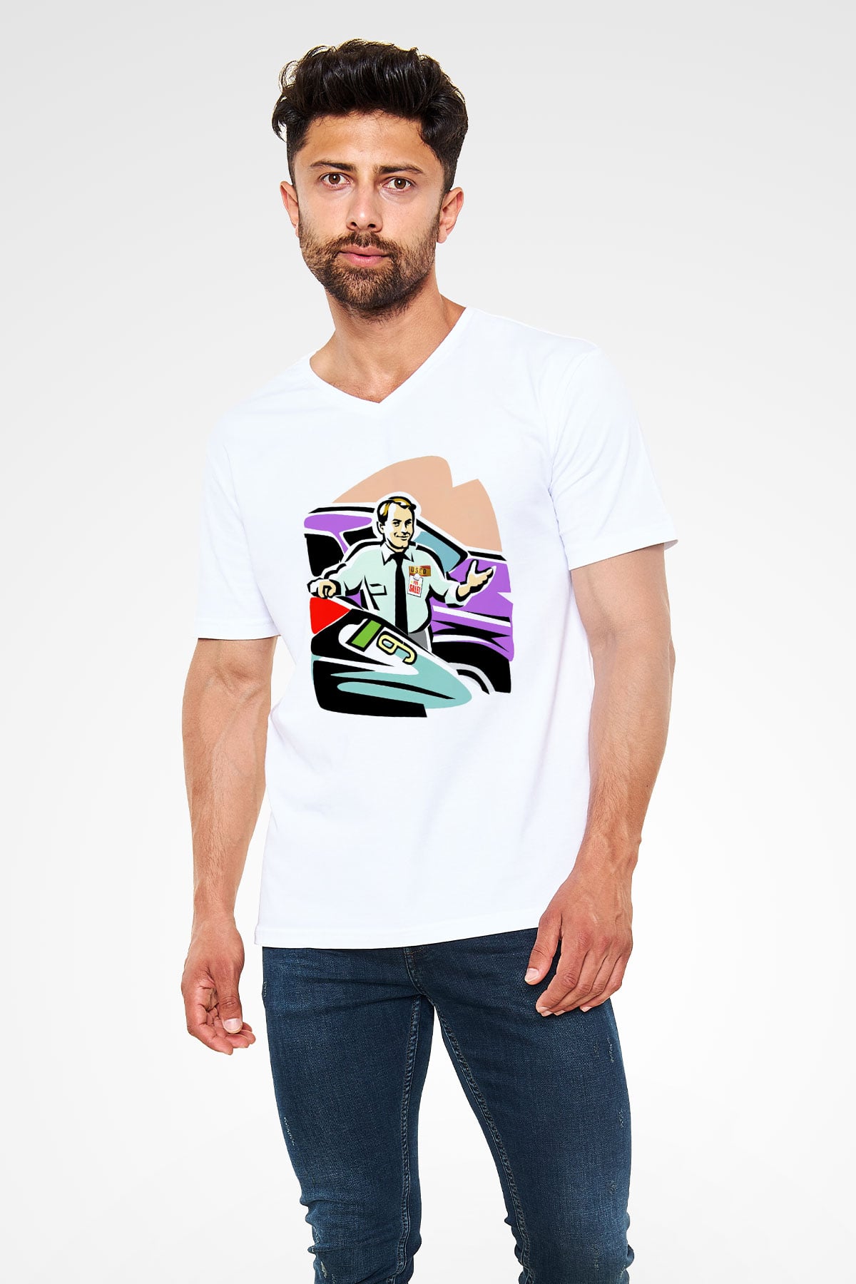 Araba satıcısı Beyaz Unisex V Yaka Tişört