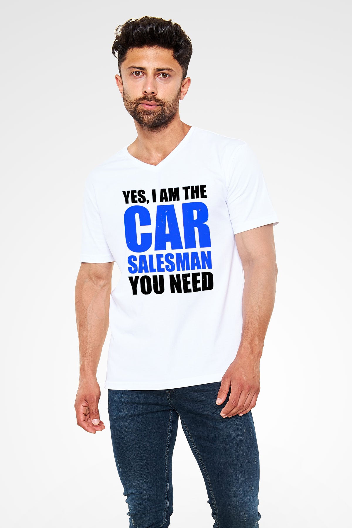 Araba satıcısı Beyaz Unisex V Yaka Tişört