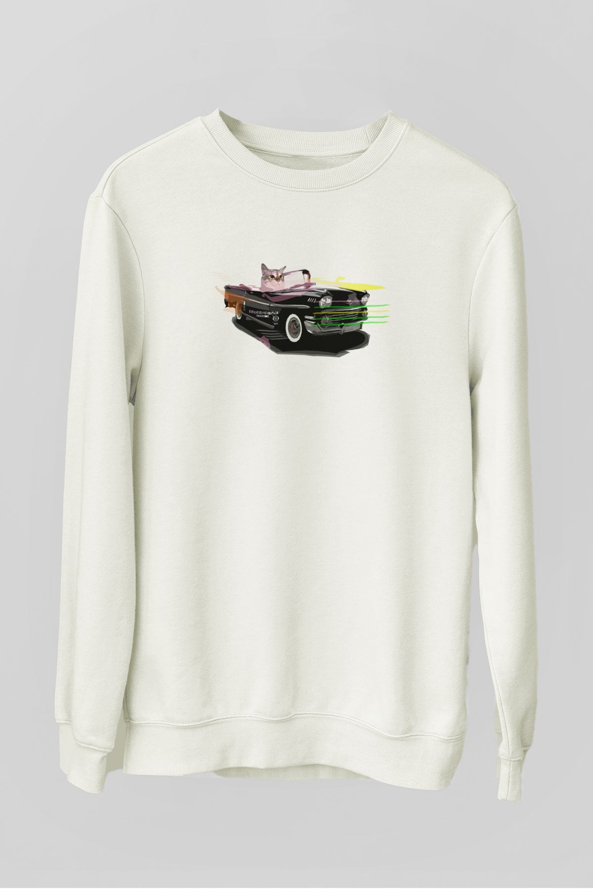 Araba Süren Kedi Şöför Baskılı Beyaz  Sweatshirt