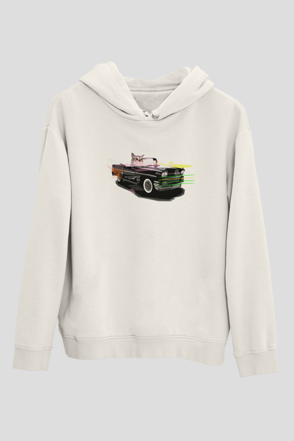 Araba Süren Kedi Şöför Beyaz  Unisex Hoodie