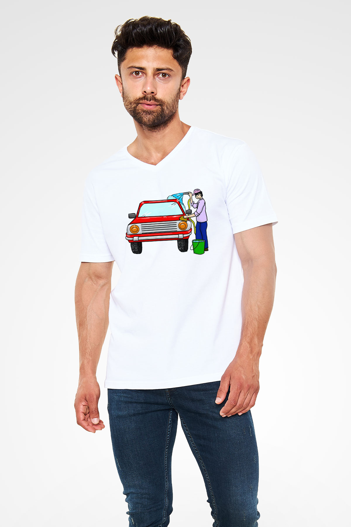 Araba yıkayıcısı Beyaz Unisex V Yaka Tişört