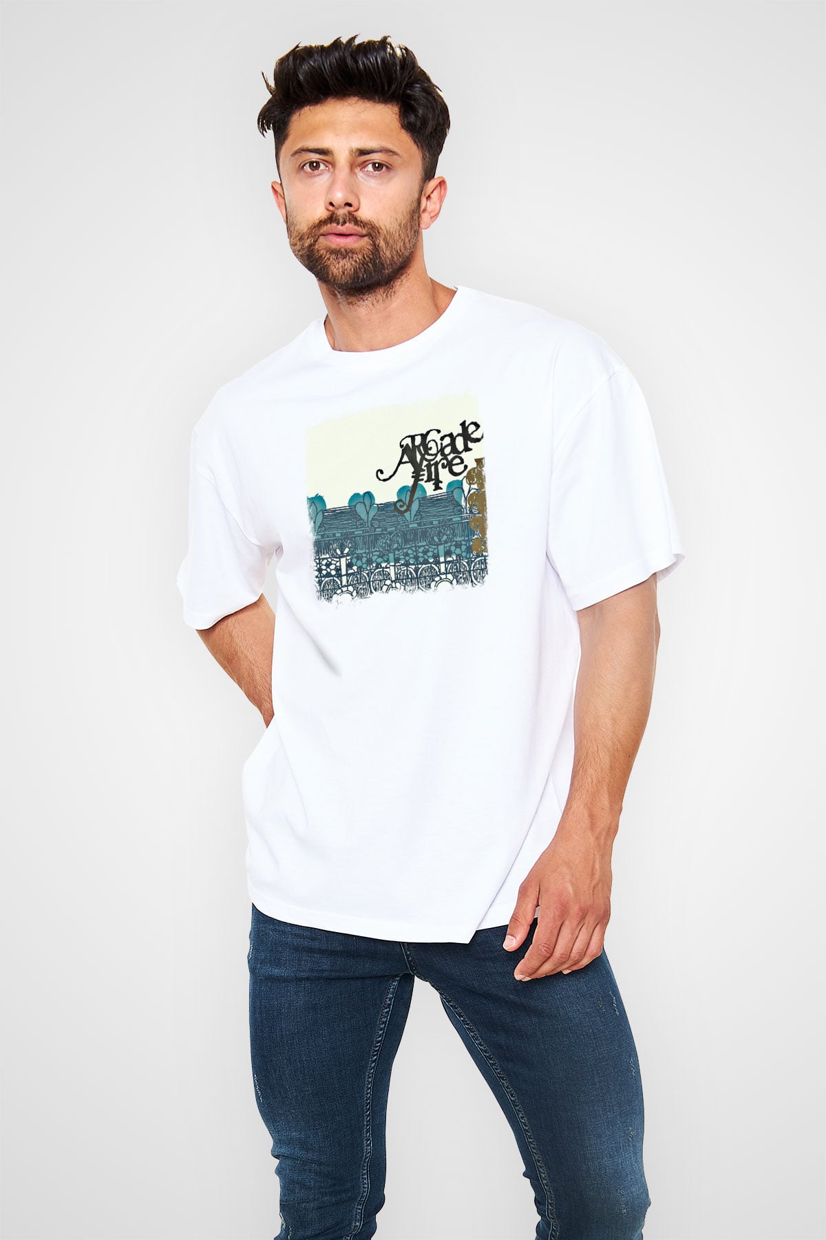Arcade Fire Baskılı Unisex Beyaz Oversize Tişört