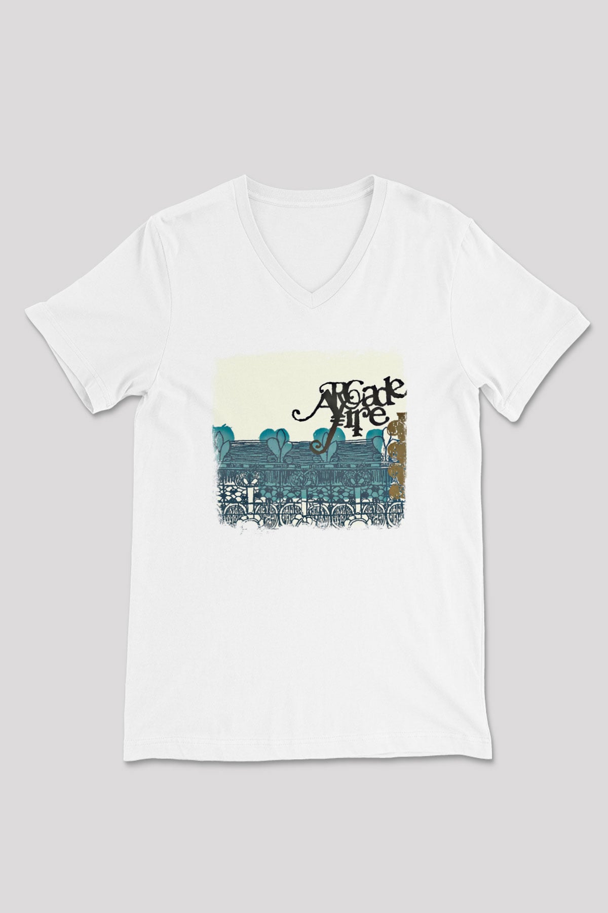 Arcade Fire Baskılı Unisex Beyaz V Yaka Tişört
