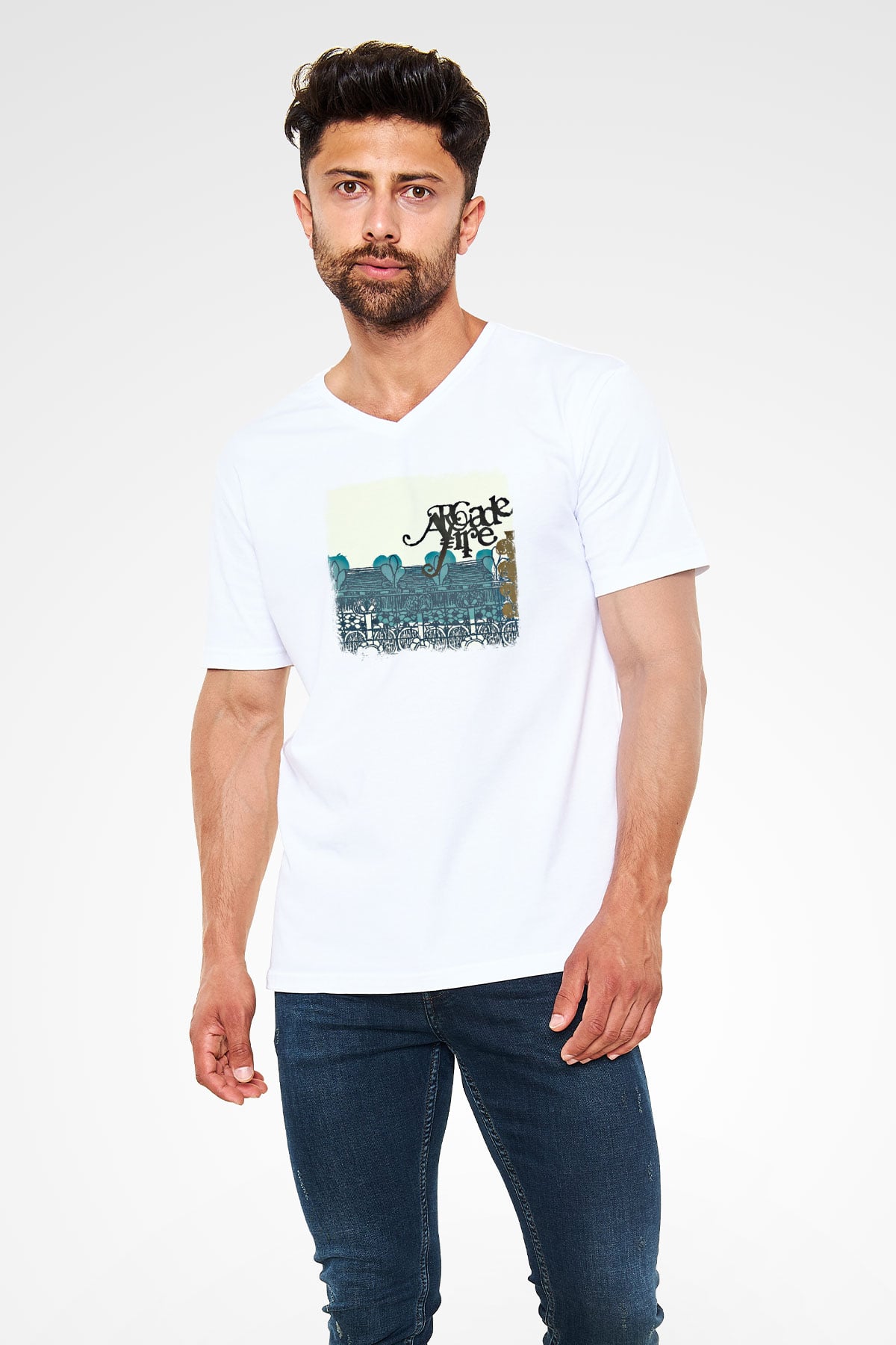 Arcade Fire Baskılı Unisex Beyaz V Yaka Tişört