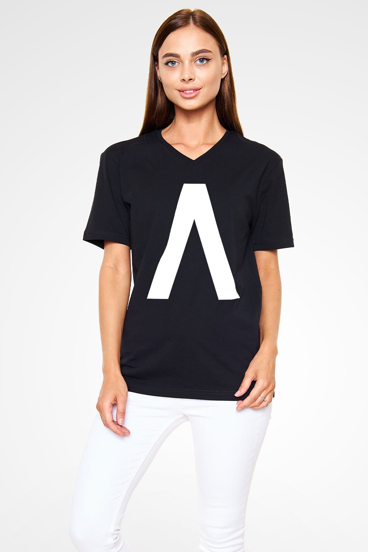 Archive Baskılı Unisex Siyah V Yaka Tişört - Tshirt