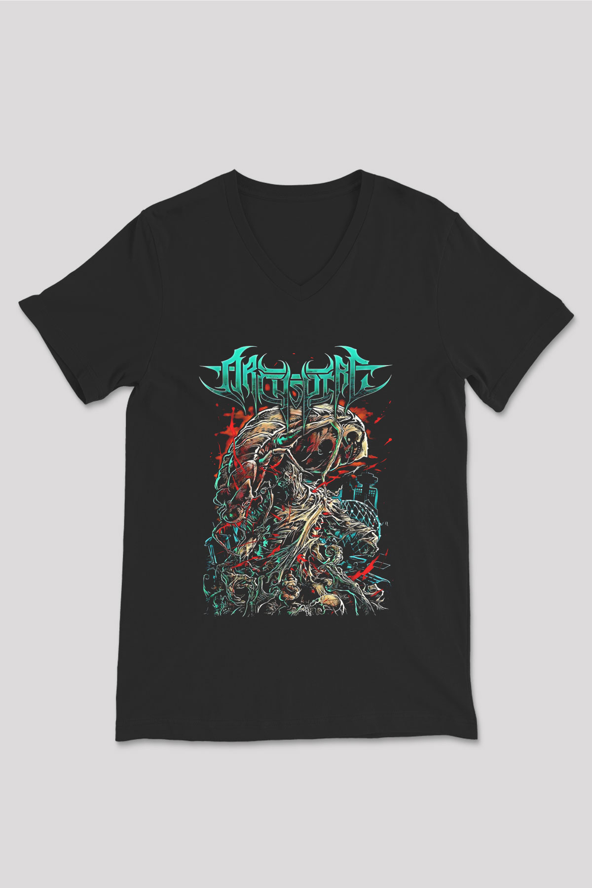 Archspire Baskılı Unisex Siyah V Yaka Tişört - Tshirt