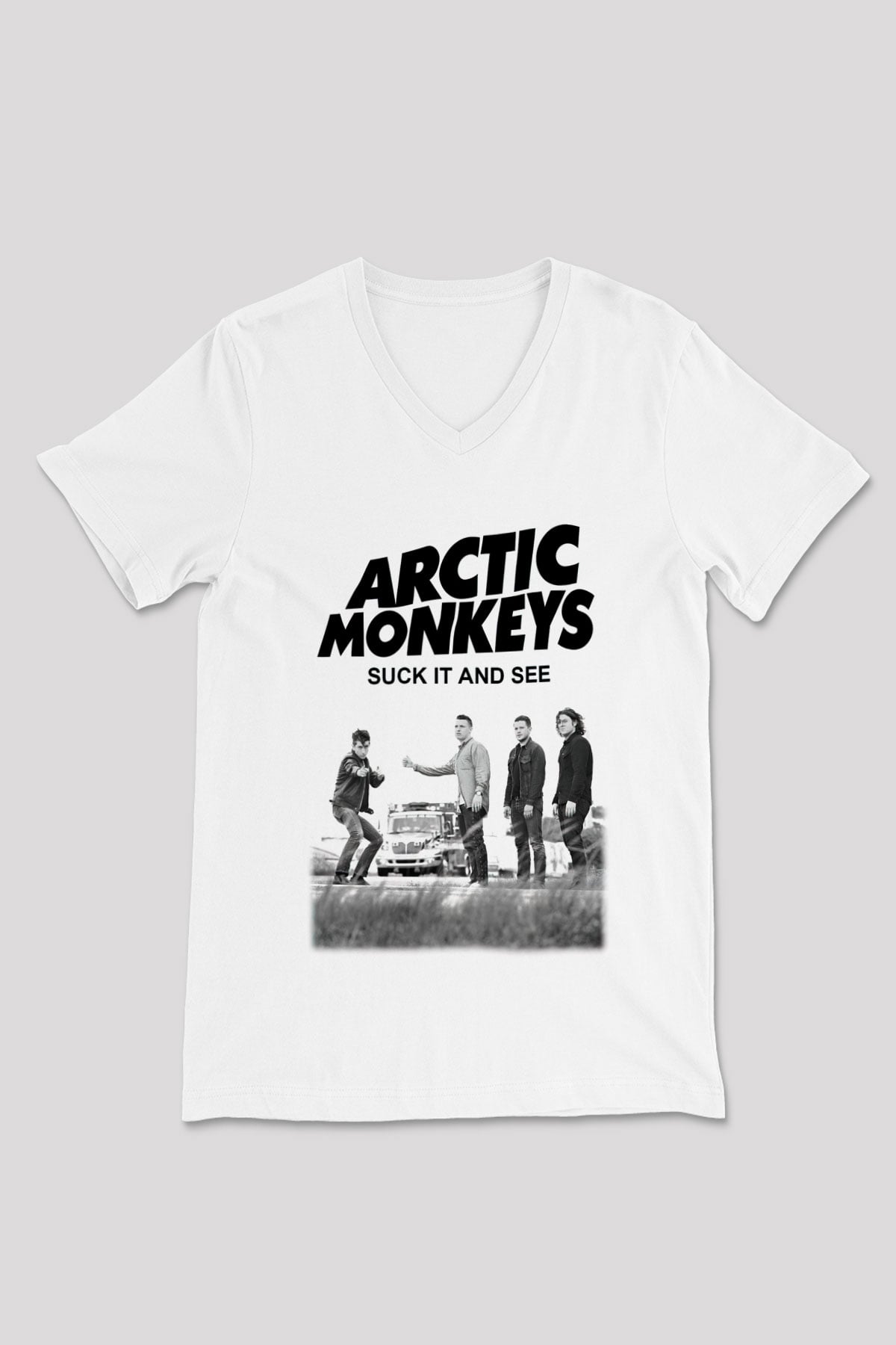 Arctic Monkeys Beyaz Unisex V Yaka Tişört T-Shirt