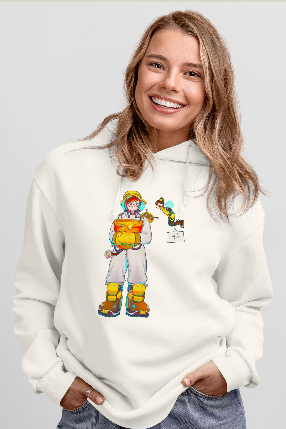 Arıcı Beyaz Unisex Kapüşonlu Sweatshirt