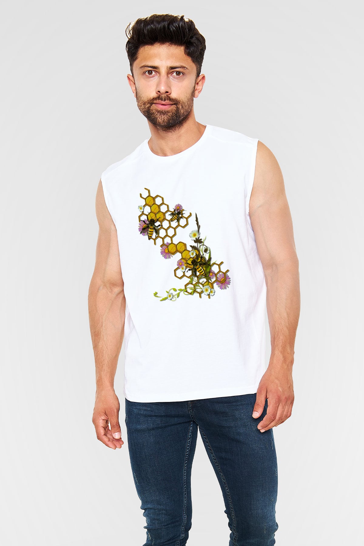 Arıcı Beyaz Unisex Kolsuz Tişört