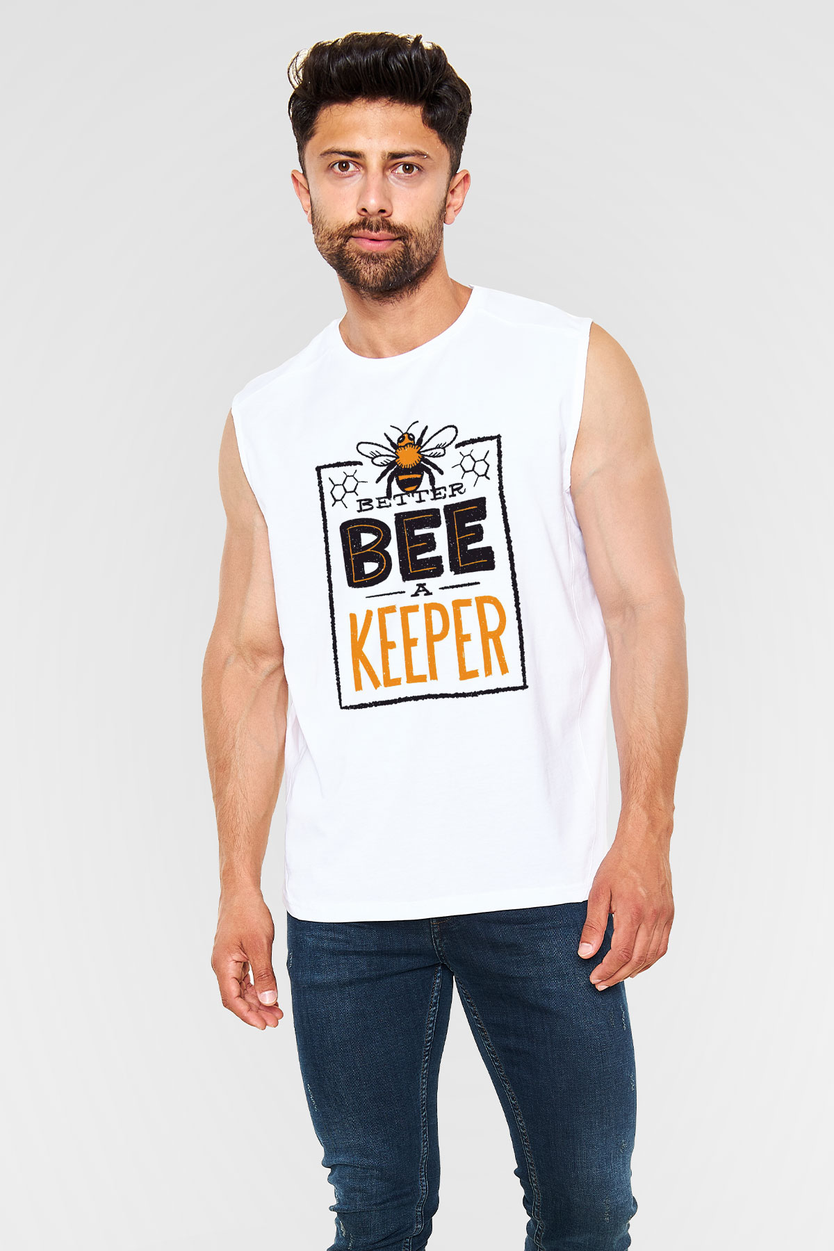 Arıcı Beyaz Unisex Kolsuz Tişört