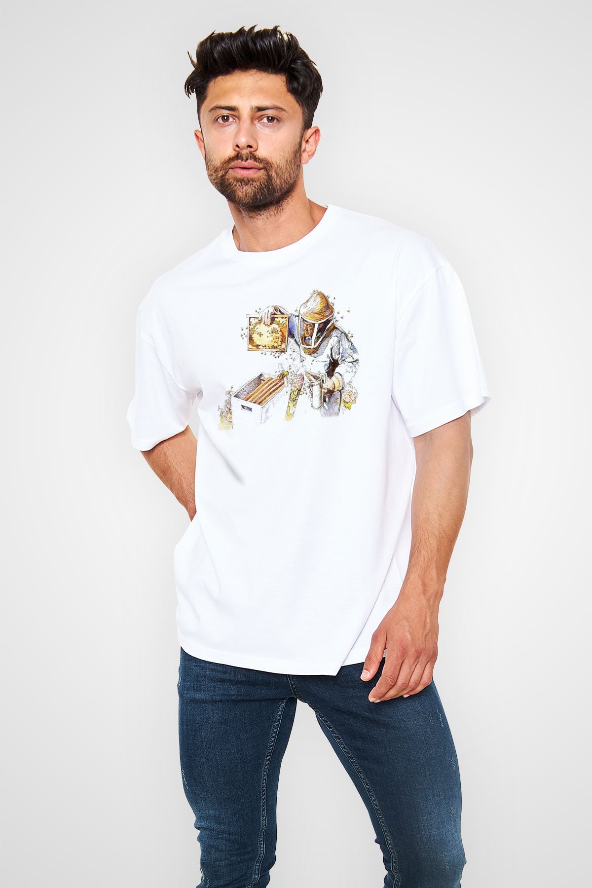 Arıcı Beyaz Unisex Oversize Tişört T-Shirt