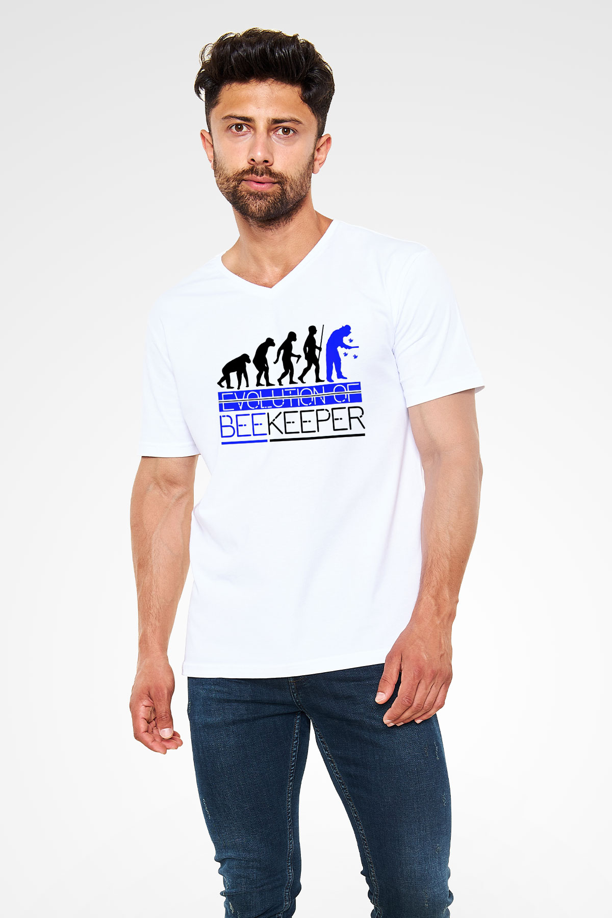 Arıcı Beyaz Unisex V Yaka Tişört