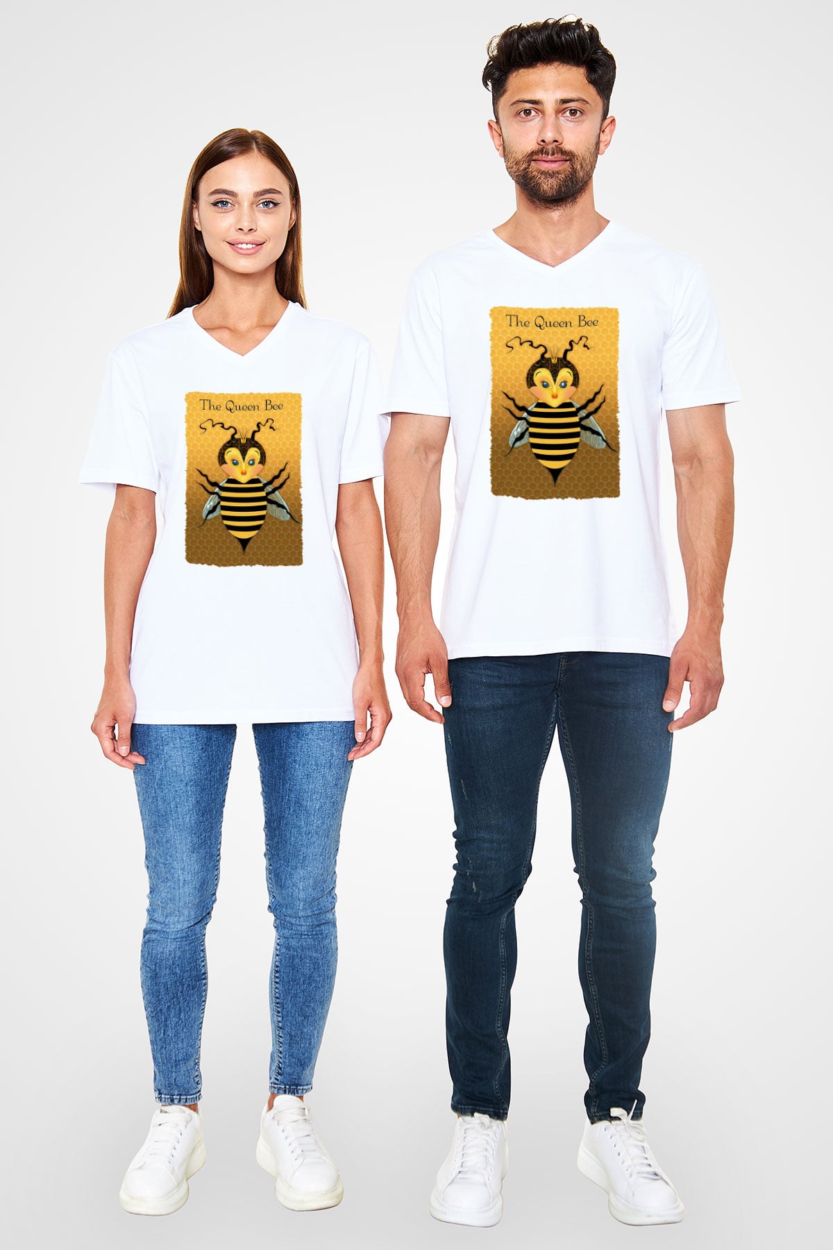 Arıcı Beyaz Unisex V Yaka Tişört T-Shirt