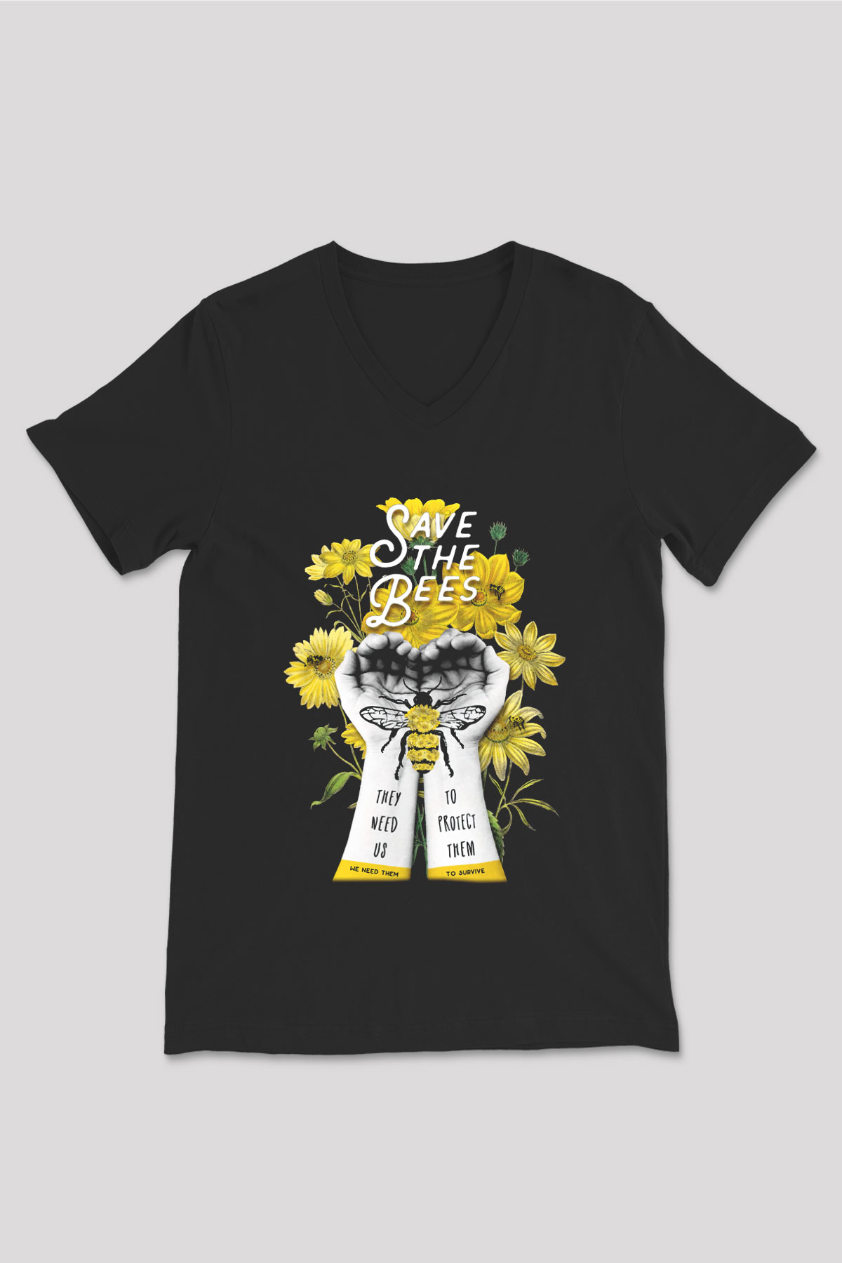 Arıcı Siyah Unisex V Yaka Tişört T-Shirt